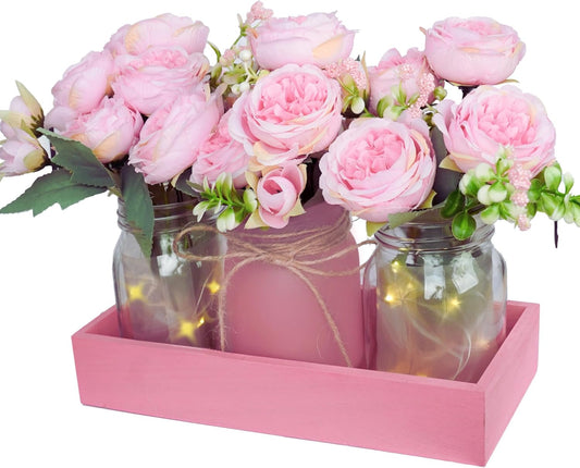 Rustic Pink Mason Jar Centerpiece with Faux Peony Flowers – Floral Decor for Home, Wedding, Kitchen, Table, Office – Farmhouse Tray Vase Set
