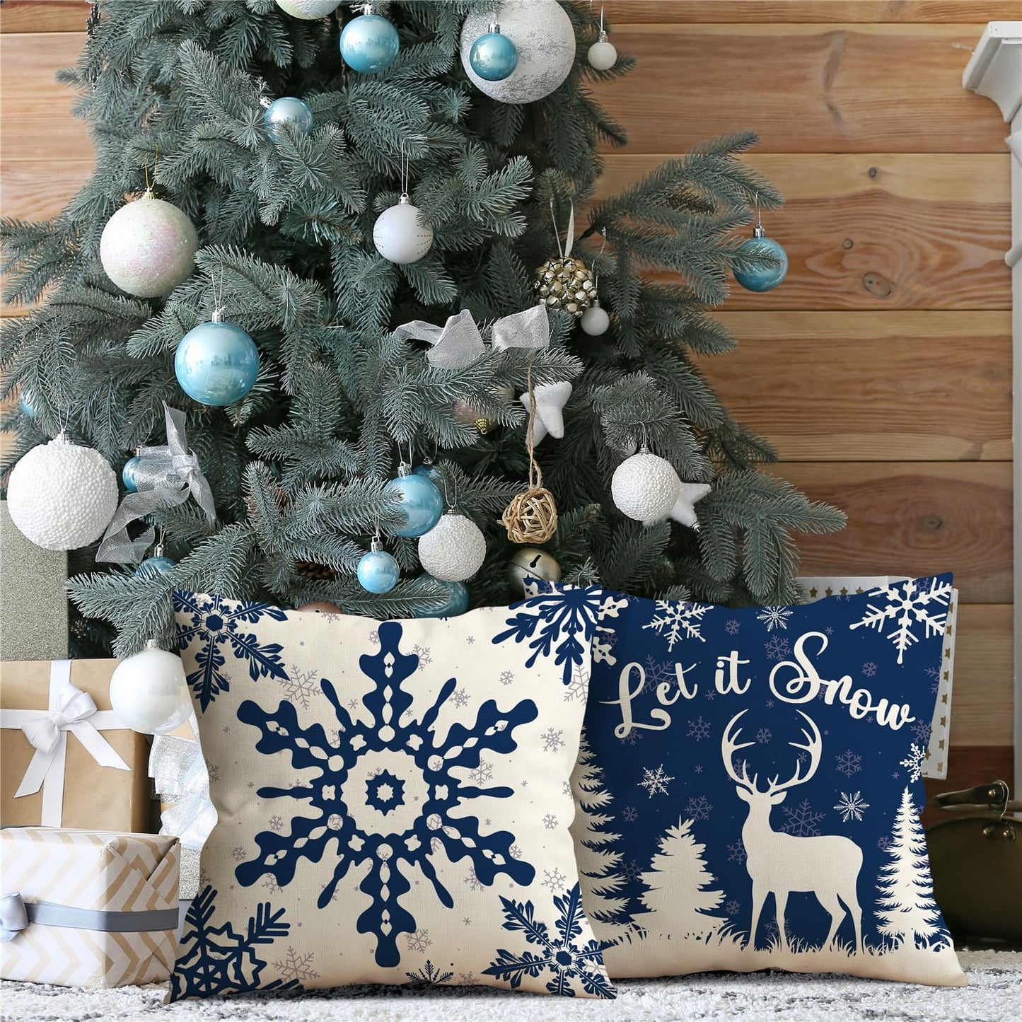 Christmas Pillow Covers 18x18 Blue Christmas Decorations Snowflake Reindeer Throw Pillow Covers Xmas Tree Winter Holiday Decor Cushion Case for Sofa Couch Set of 4