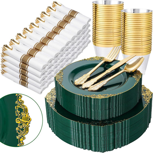 Nervure 350PCS Green Plastic Plates - Green Gold Plastic Dinnerware Sets for 50 Guests - 100 Disposable Plates, 150 Gold Silverware, 50 Cups, 50 Napkins for Wedding & Party & Christmas