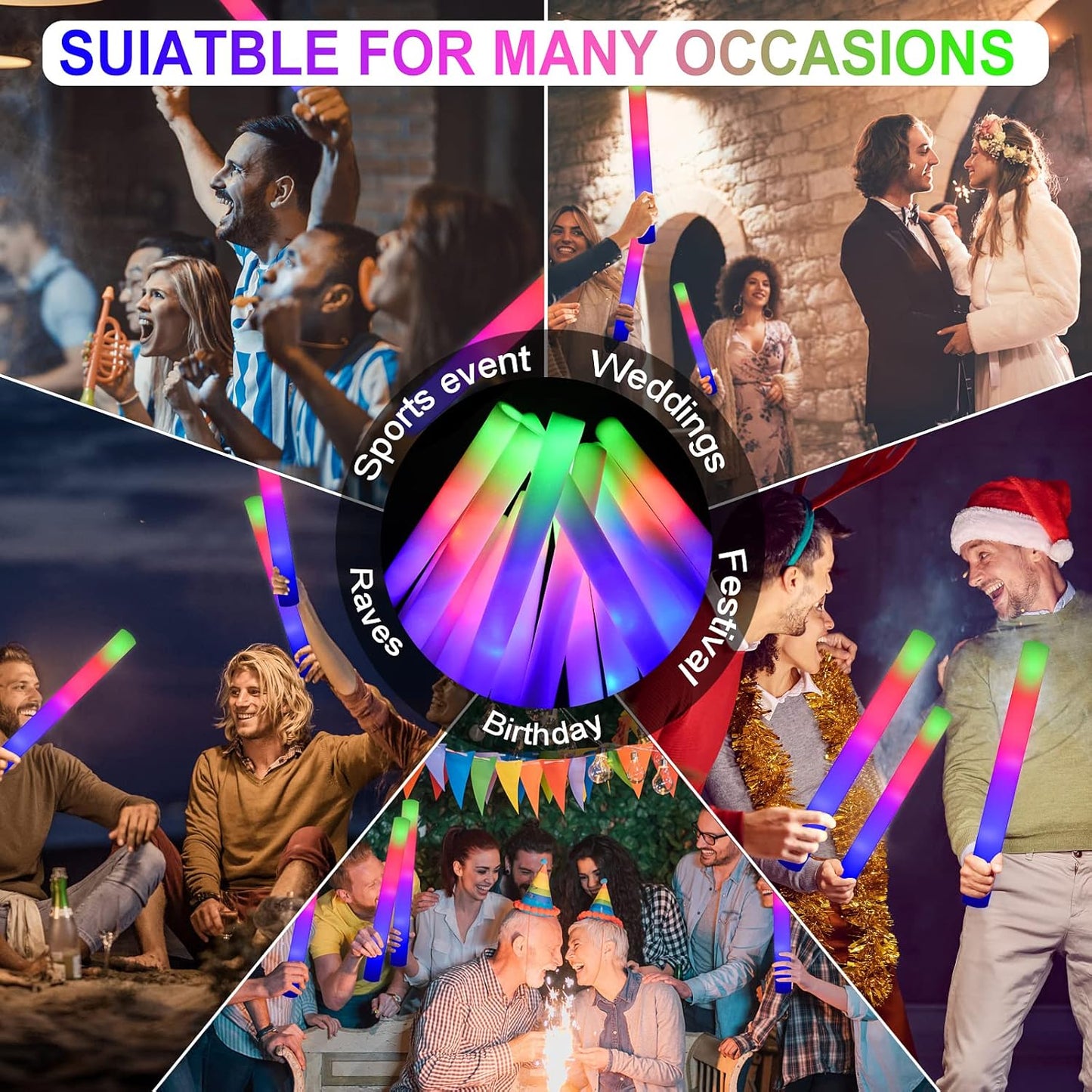 LifBetter 30 Pcs Foam Glow Sticks Bulk,Led Glow Sticks with 3 Modes Colorful Flashing,Long Life Battery Glow In The Dark Party Supplies for Weddings,Parties,Festivals,Sporting Events