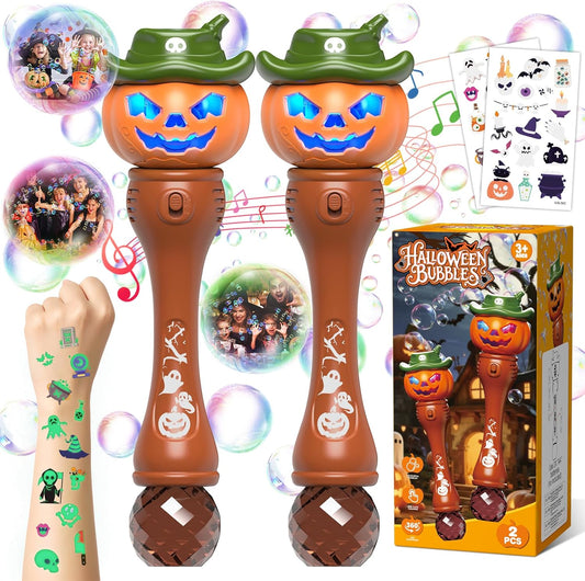 Halloween Bubble Machine Wand for Kids, Light up & Music Pumpkin Bubble Wand-2 Temporary Tattoos and 5 Bubble Solution, Halloween Boo Basket Stuffers for Toddlers Boys & Girls 3 4 5 6 7 8 + Years Old