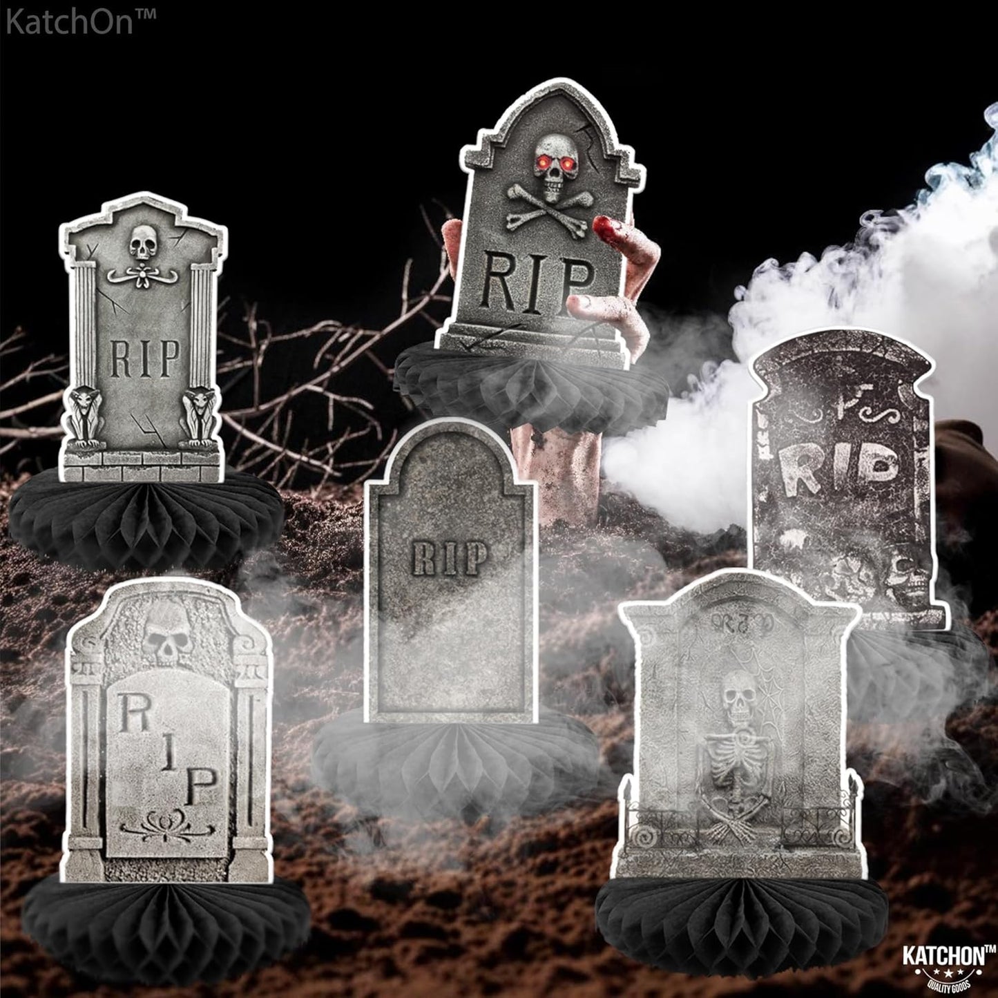 KatchOn, Halloween Tombstone Honeycombs - Pack of 12 | Halloween Table Centerpieces for Tombstone Halloween Decorations | Graveyard Tombstone Paper Honeycombs, Halloween Party Decorations