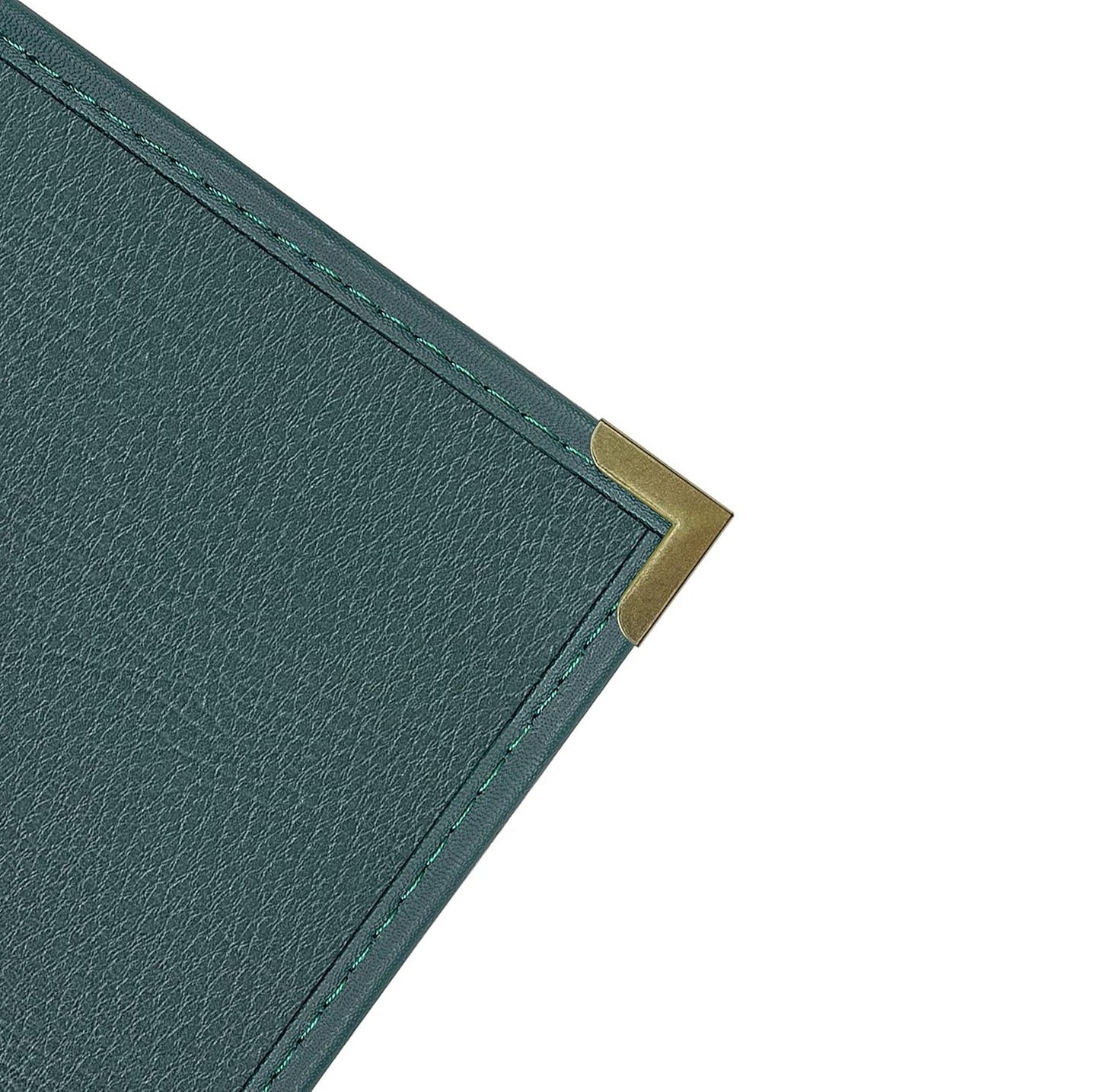 Goodsmart Pajco Style Restaurant Menu Covers – Pack of 10, Side-Load Fold-Out Menu Holders, Single Stitched Edge Clear Vinyl Menu Sleeves, Leatherette Trim Gold Corners, Green, 3 View (8.5" x 14")