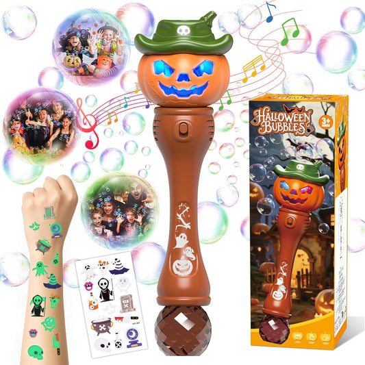 Halloween Bubble Machine Wand for Kids, Light up & Music Pumpkin Bubble Wand-1 Temporary Tattoos and 5 Bubble Solution, Halloween Boo Basket Stuffers for Toddlers Boys & Girls 3 4 5 6 7 8 + Years Old