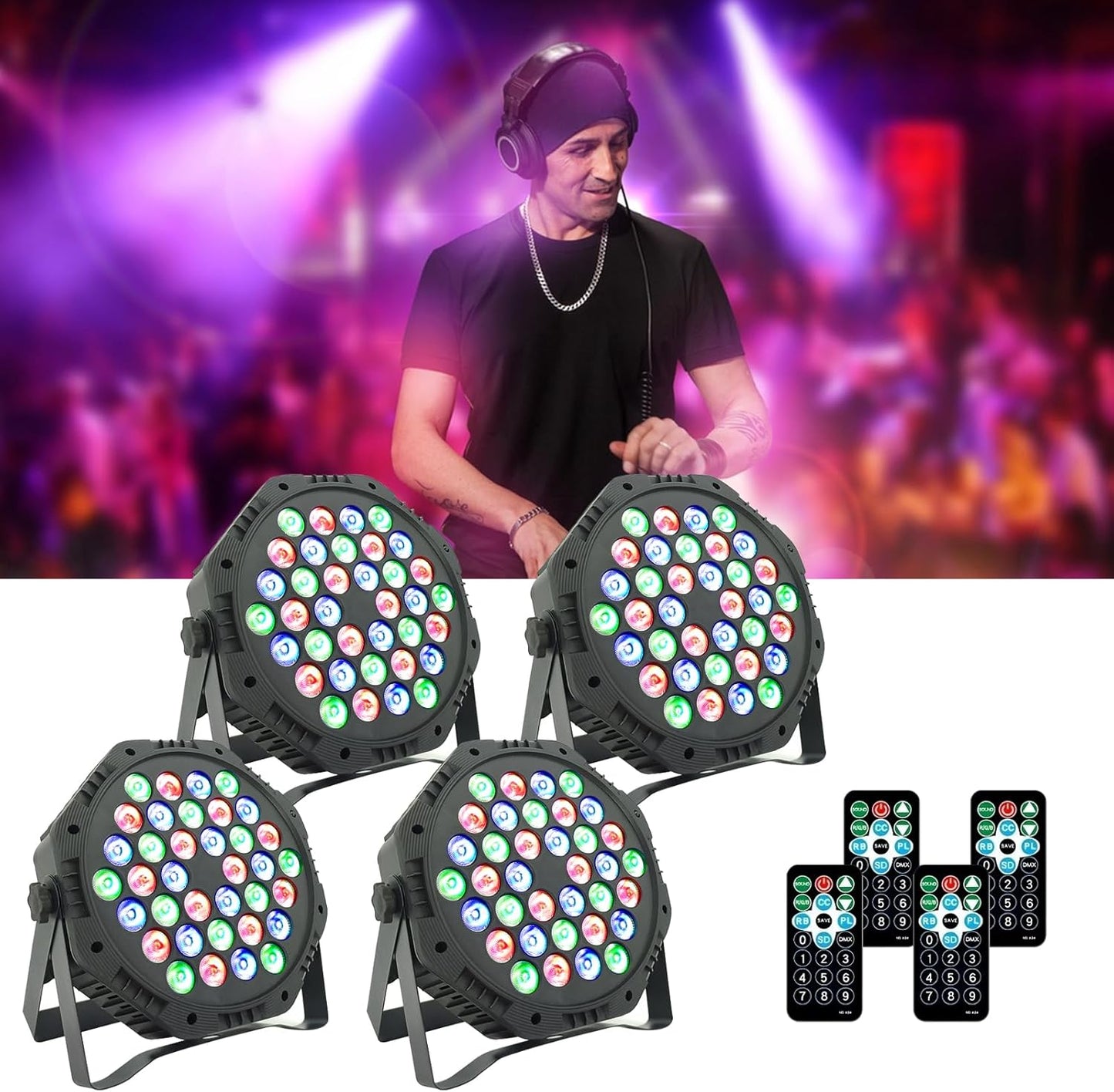 Yiixuyo-LED Par Lights DJ Stage Light Corded RGB 36 LED with Sound Activated Control DJ Uplighting for Wedding Party Club Christmas Stage Lighting - 4Pack