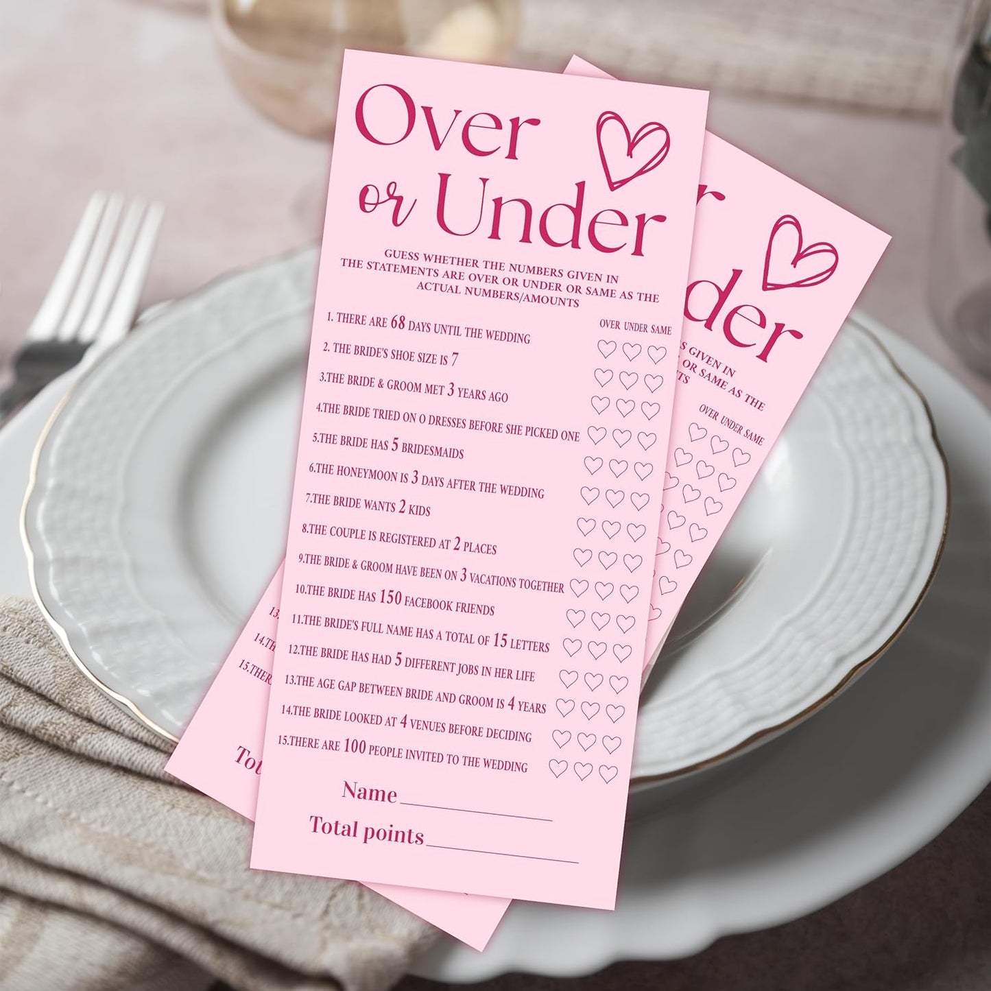 4x9 Inch Wedding Shower Games Cards, Over or Under, Pink Bridal Shower Games for 25 Guests, Engagement Party Supplies, Wedding Party Supplies Decoration-A01