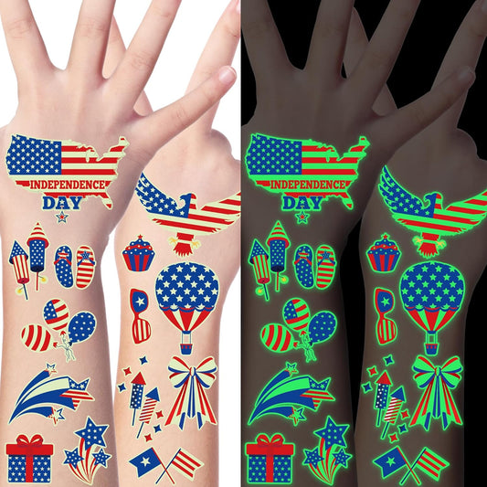 106 Packs 4th of July Decorations, 4th of July Glow in the Dark Tattoos, Multiple Styles Fourth of July Tattoos, Red White and Blue Decor Suitable for Patriotic Accessories Independence Day Supplies