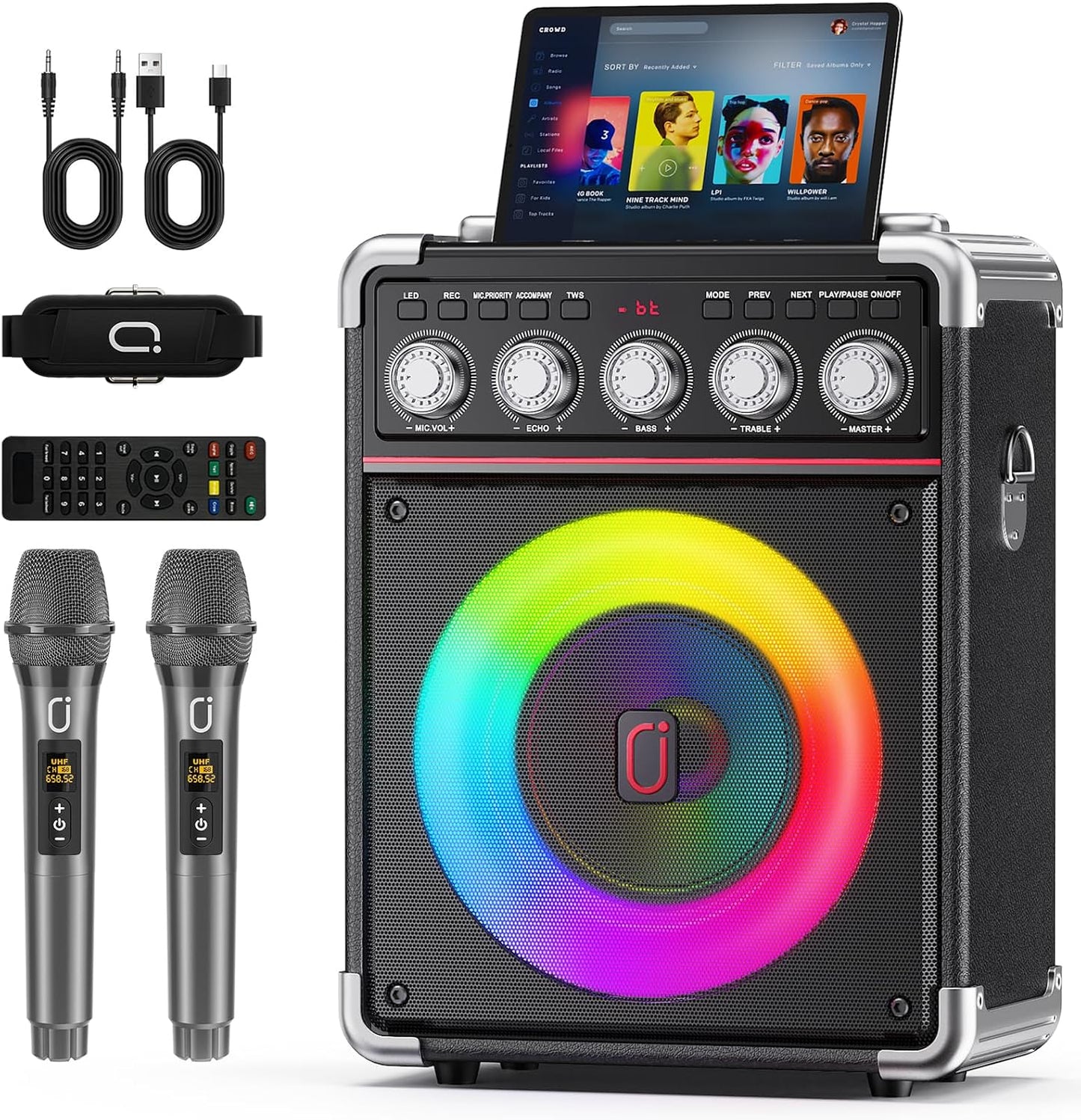 Karaoke Machine with 2 Wireless Mics for Adults Kids | Bluetooth 5.3 Speaker with Bass/Treble/Echo Adjustment | PA System with Disco Lights & Remote Control, Supports TV/TF Card/USB/AUX/Live