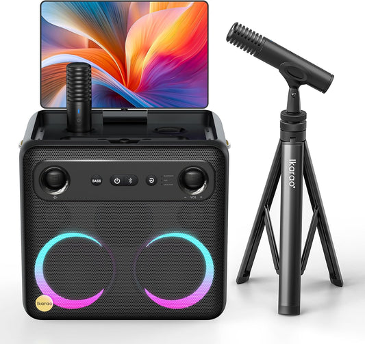 Ikarao Karaoke Machine with Microphone Stand, Portable Bluetooth Speaker for Party, Backyard, Karaoke System with 2 Wireless Microphone for Adults Kids, for Women, Men, Singing Lovers