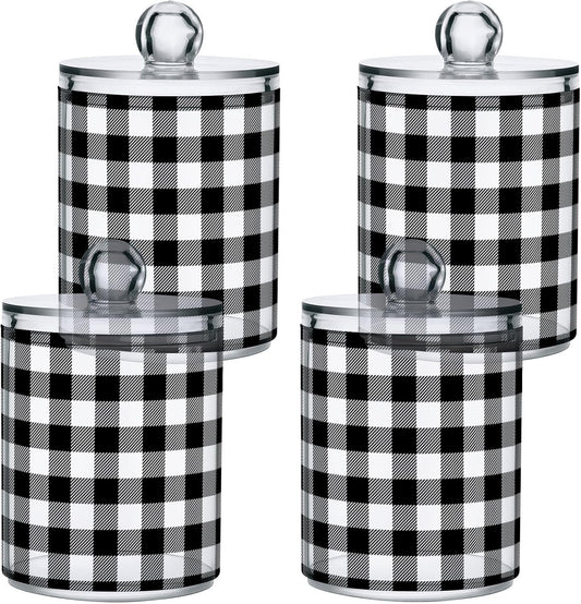 Gredecor Qtip Holder Dispenser 4 Pack Black White Classic Buffalo Plaid Apothecary Jars with Lids Bathroom Vanity Countertop Canister Storage Organizer for Cotton Ball,Swabs,Pads,Floss
