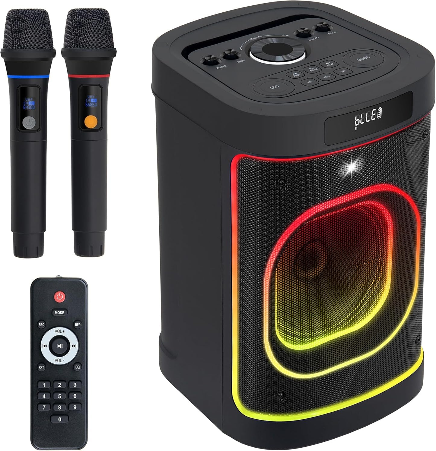 BeatGhost Karaoke Machine Portable Bluetooth Party Speaker 2 Rechargeable Wireless Microphones for Adults Kids 8" Subwoofer 225W Peak Powerful Loud Bass, LED Lights, TF USB AUX TWS