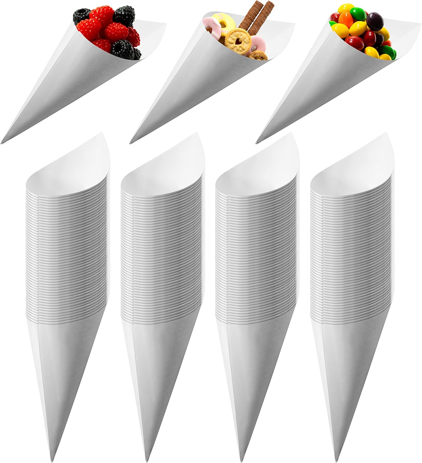 MONTX® 200-Pack Disposable Food Cones | 7" or 6" | White Food-Safe Paper Charcuterie Cones for Appetizers, Popcorn, Snacks, Confetti | Eco-Friendly Alternative to Wood Cones (6 Inch)