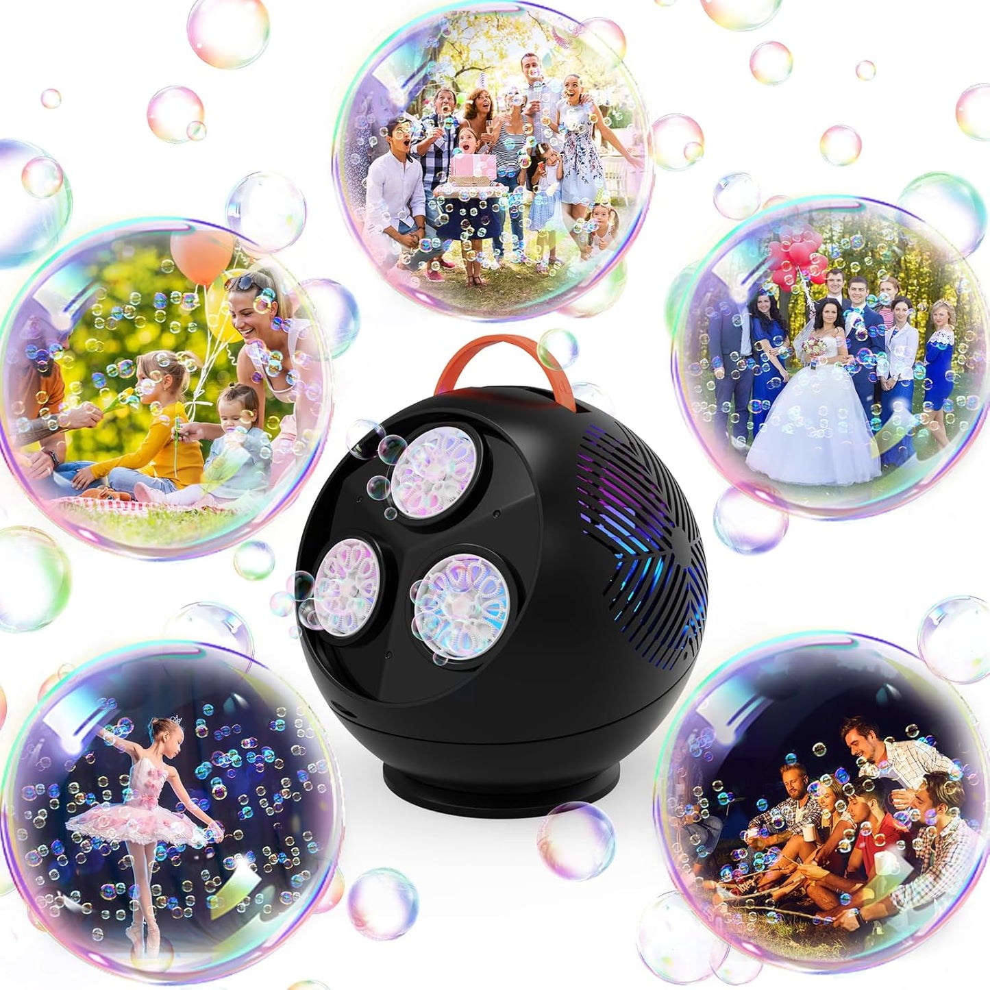 Bubble Machine Automatic Bubble Blower for Kids Toddlers Rechargeable Portable Spherical LED Bubble Maker Electric Auto Rotating 45°/360° Outdoor Toy Birthday Party Wedding (Spherical Black)