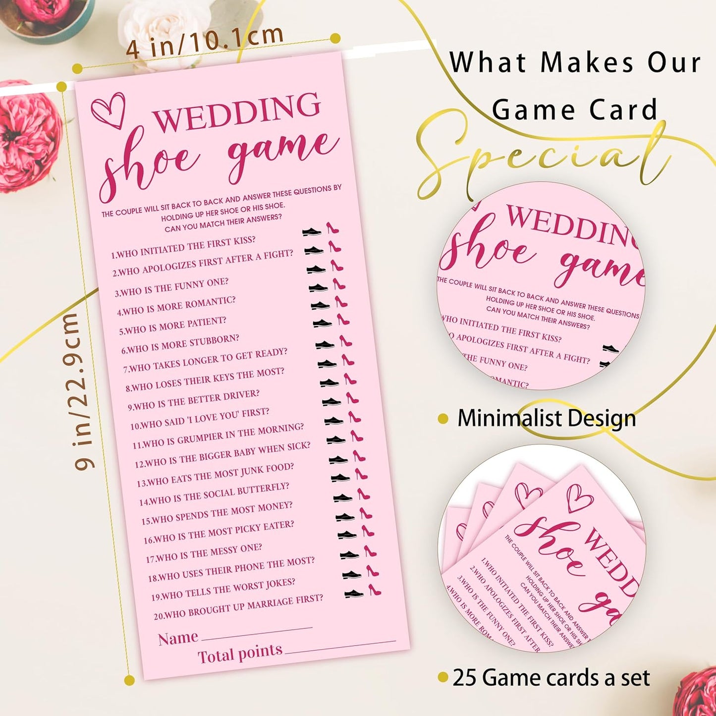 4x9 Inch Wedding Party Games, Bridal Shower Cards, 25 Pink Bridal Shower Games for Wedding Reception, Bachelorette, Engagement Party, Minimalist Guest Interaction Activity Cards-A10