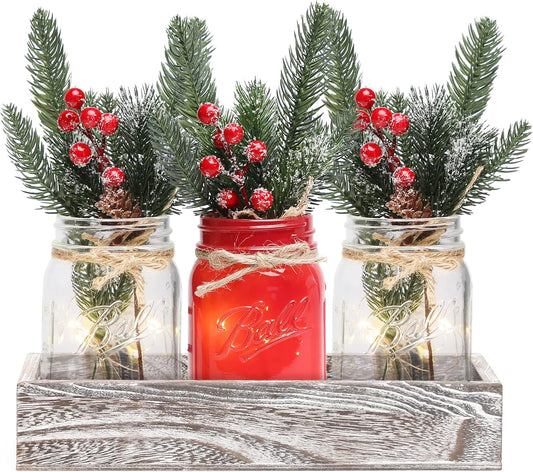 Christmas Mason Jars, Christmas Centerpiece Table Settings, Wood Tray with 3 Painted Jars, Dining Coffee Table Centerpiece, For Kitchen, Living Room, Red Mason Jar Decor with Flowers