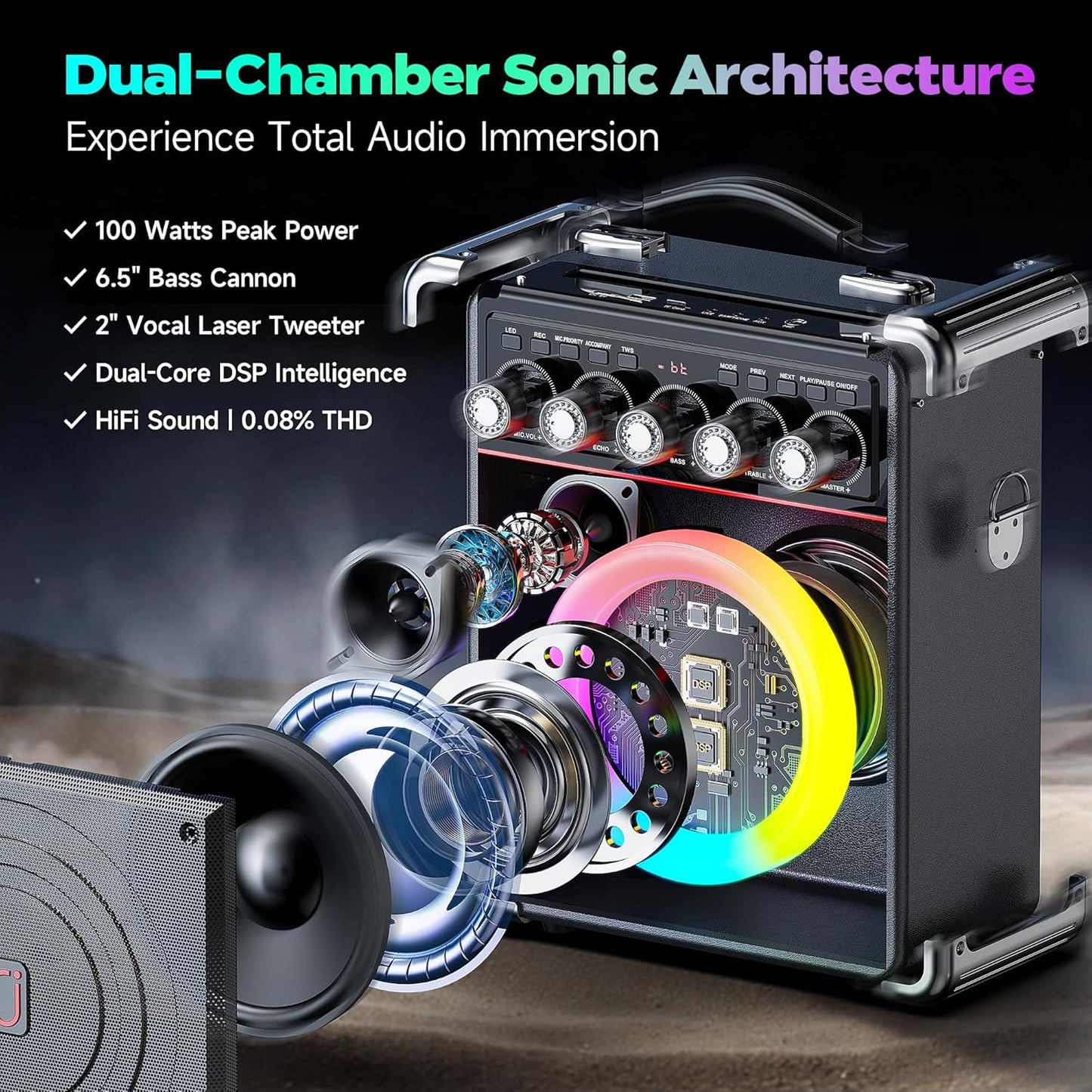 Karaoke Machine with 2 Wireless Mics for Adults Kids | Bluetooth 5.3 Speaker with Bass/Treble/Echo Adjustment | PA System with Disco Lights & Remote Control, Supports TV/TF Card/USB/AUX/Live