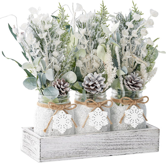 Winter Centerpieces for Tables, Table Decor with Mason Jar, Flowers Picks, Farmhouse Wood Tray, Snowflake Sign, Christmas Winter White Wonderland Table Decorations Centerpieces Indoor for Home