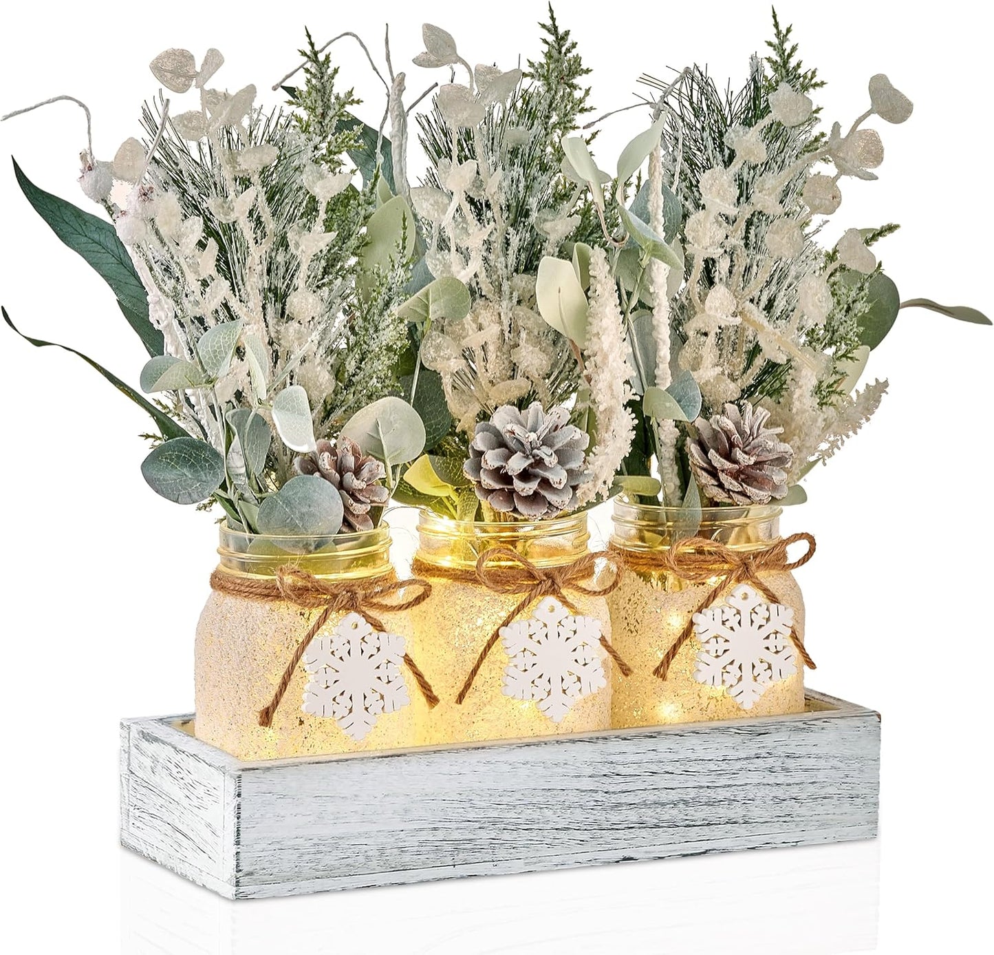 Winter Centerpieces for Tables, Table Decor with Mason Jar, Flowers Picks, Farmhouse Wood Tray, Snowflake Sign, Christmas Winter White Wonderland Table Decorations Centerpieces Indoor for Home