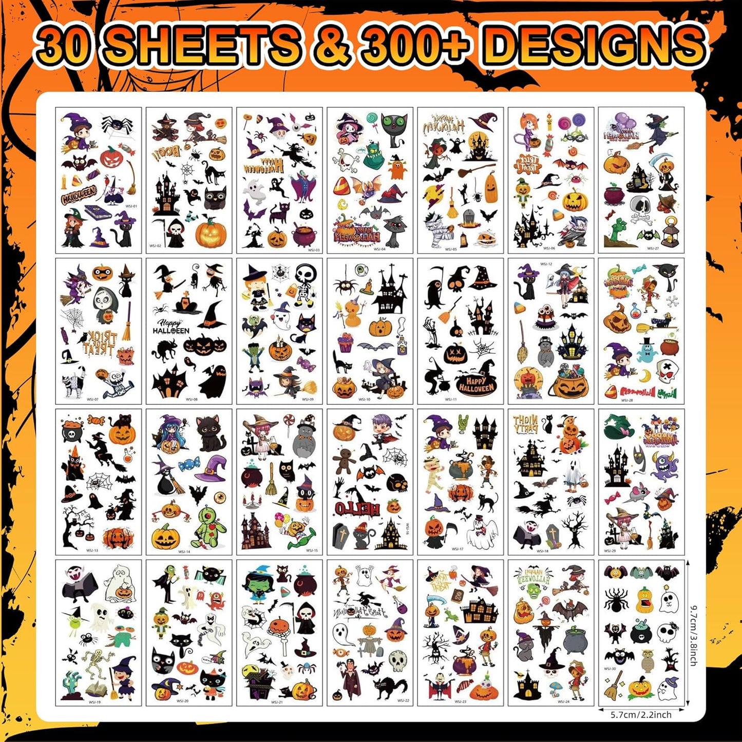 Halloween Temporary Tattoos for Kids – 30 Sheets with Pumpkins, Bats, Witches, and Skeletons – Fun Halloween Party Favors, Trick-or-Treat Goodie Bag Stuffers for Boys & Girls