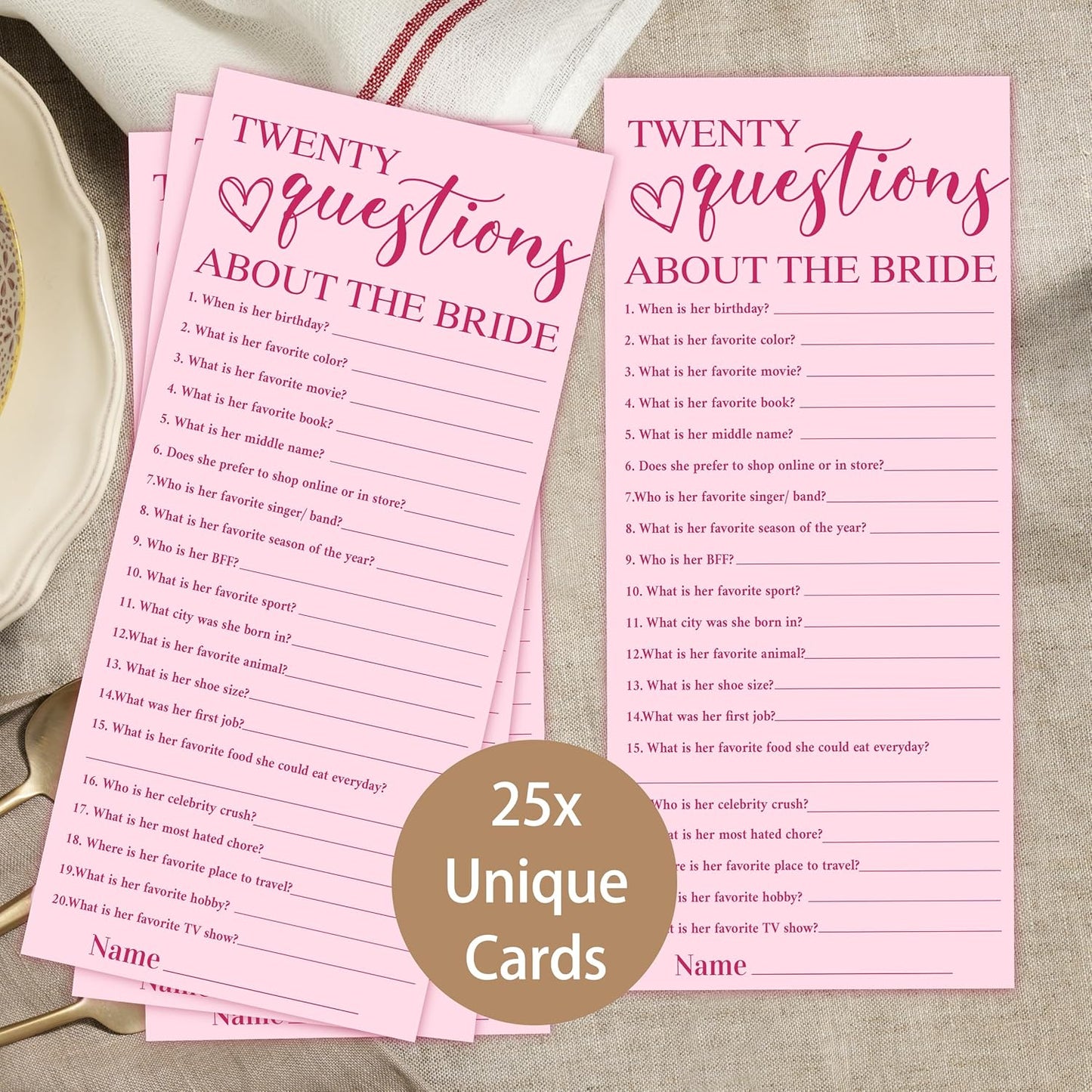 4x9 Inch Wedding Party Games, Bridal Shower Cards, 25 Pink Bridal Shower Games for Wedding Reception, Bachelorette, Engagement Party, Minimalist Guest Interaction Activity Cards-A12