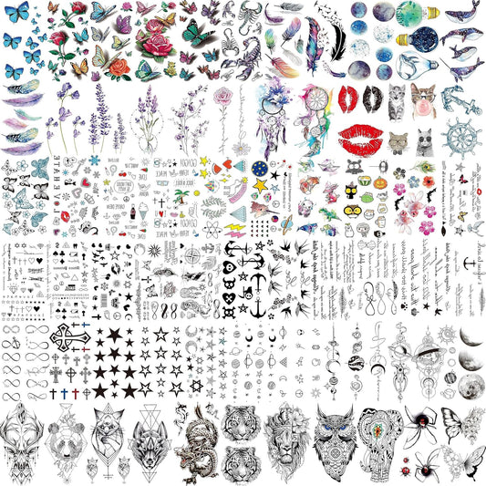 66 Sheets 430+ PCS Cute Temporary Tattoos For Women Men Adults, Watercolor Butterfly Flower Lavender Fake Tattoo Stickers Kids Boys Girls, Black Star Animals Space Temp Tattoos Dragon Wolf Lion